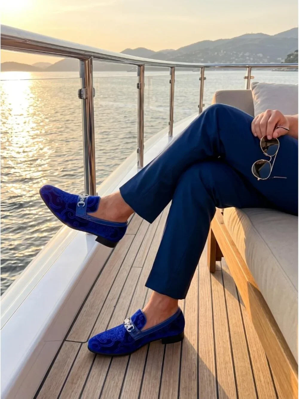 Men's Royal Blue Luxury Paisley Velvet Gold Buckle Loafers Slip On Dress Shoes